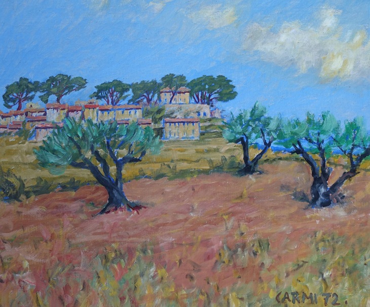 ölgemälde einer Landschft in südfrankreich, provence, mit olivenbäumen und pinien, trockener fläche im vordergrund und einem dorf im hintergrund