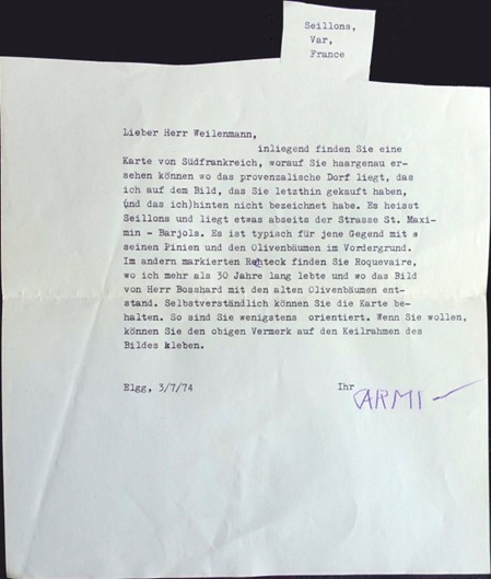 brief aus 1974 mit schreibmaschinmaschiene des künstlers carmi der ist karl mietlich an den käufer eines werks von ihm