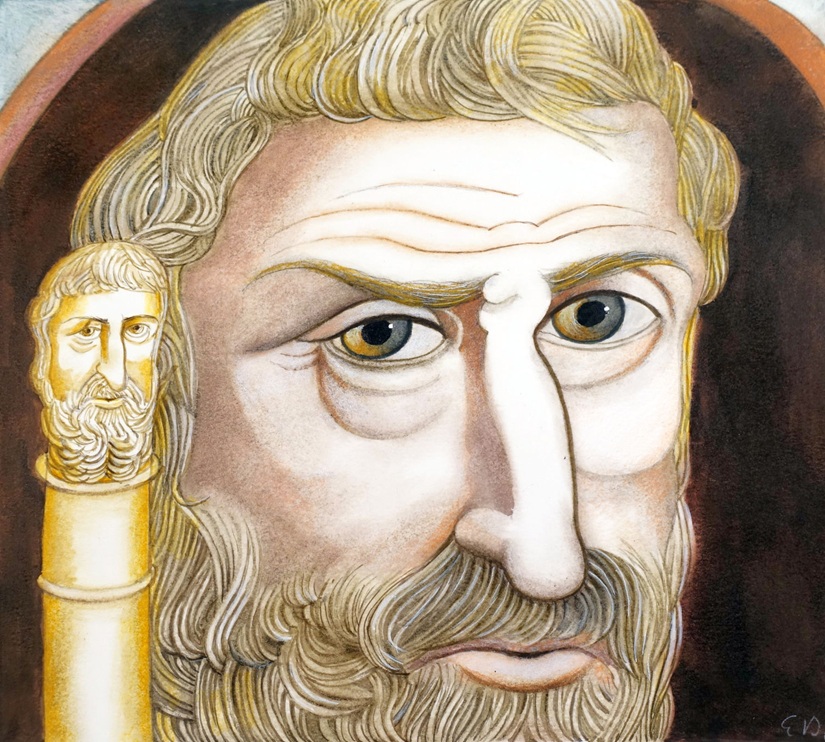zeichnung /aquarell des schweizer Künstlers Etienne Delessert, zeigt ein karikiertes portrait eines mannes mit bart und grossen augen, daneben ein Stock mit dem eingeschnitzten portrait desselben mannes. Portraitiert ist der Philosoph Diogenes.