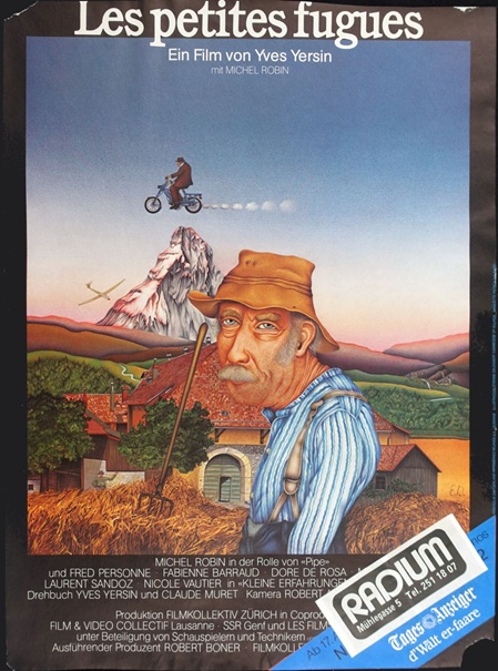 Etienne Delessert illustration für ein Plakat für den Film "Les petit fugues" von Yves Yersin, 1979. es zeigt im vordergrund einen älteren bauern mit hut und schnauzbart vor einem grossen miststock und Bauernhaus, dahinter das Matterhorn und ein mann auf einem moped, welcher durch die luft fliegt. 