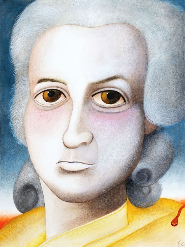aquarell /Zeichnung des schweizer künstlers Etienne Delessert portrait einer edlen dame mit dauerwellen-Perücke und grossen offenen augen (portrait der menschenrechtlerin Olympe de Gouges) 