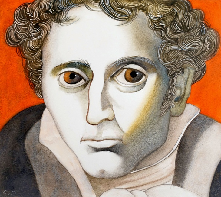 zeichnung /aquarell des schweizer Künstlers Etienne Delessert, zeigt ein karikiertes portrait von Schopenhauer, mit grossen traurigen augen und krausem haar und organgem hintergrund.