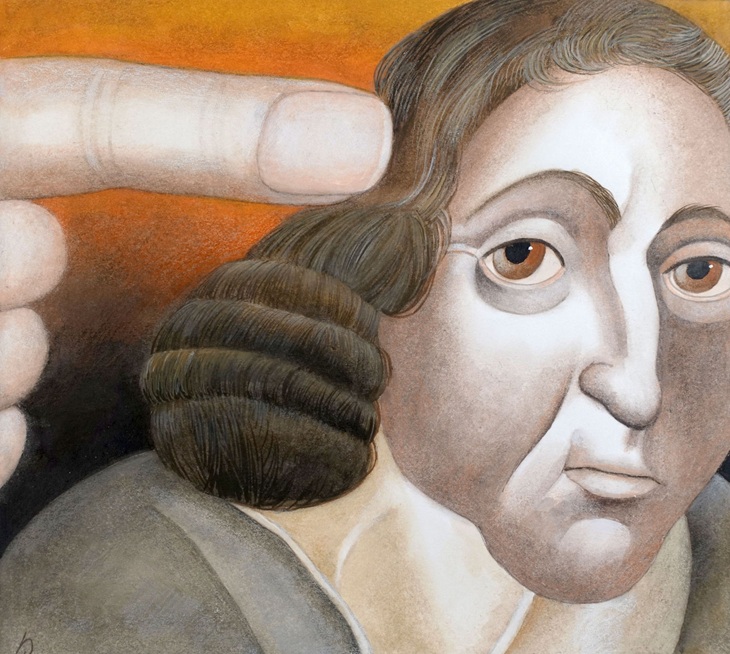zeichnung /aquarell des schweizer Künstlers Etienne Delessert, zeigt ein karikiertes portrait von spinoza, mi grossen traurigen augen und gewelltem haar, wobei ein grosser Zeigefinger den Kopf zur Hälfte aus dem Bild stösst als Symbol für die Verbannung aus der jüdischen gemeinde