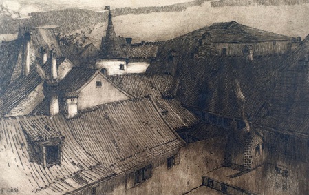 radierung von fritz gilsi dachlandschaft in st. Gallen mit einigen rauchenden schornsteinen um das Jahr 1900 