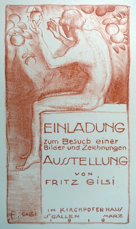 Radierung des Schweizer Malers und Grafikers Fritz Gilsi für eine Ausstellungseinladung von ihm selber. Das bild zeigt eine nachte mnnliche Figur, welche halb abgewandt auf einem block sitzt und einen gegenstand (kohlenstück?) in der rechten hand hält 
