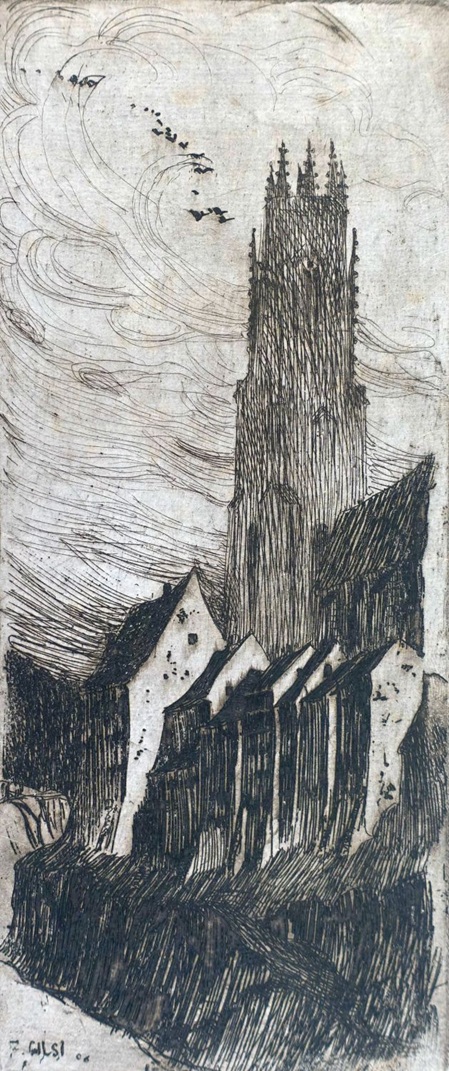 radierung von Fritz Gilsi, zeigt den Dom von Fribourg mit einer gruppe von altstadthäusern