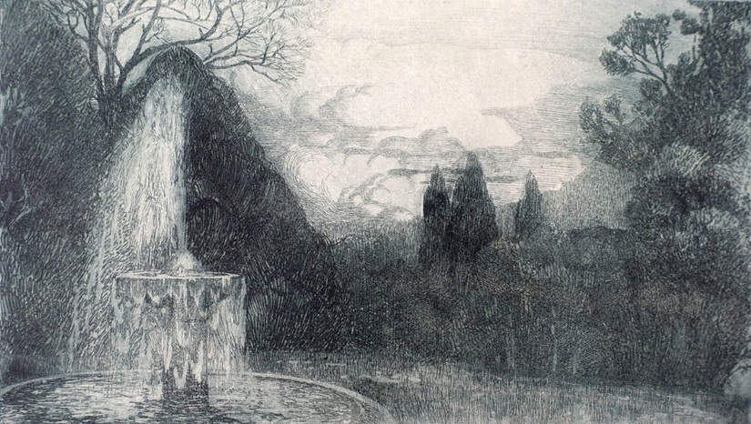 radierung von fritz gilsi zeigt einen springbrunnen in einer verträumten parklandschaft