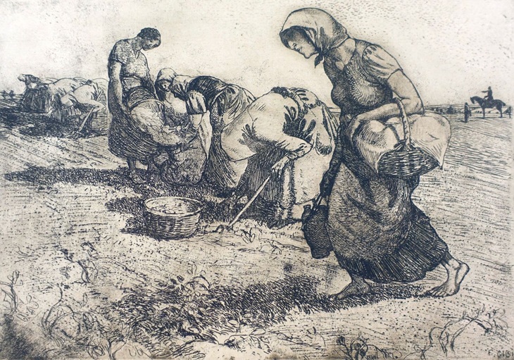 radierung von fritz gilsi zeigt frauen auf einem Feld / akcer bei der Arbeit, während dem ersten Weltkrieg