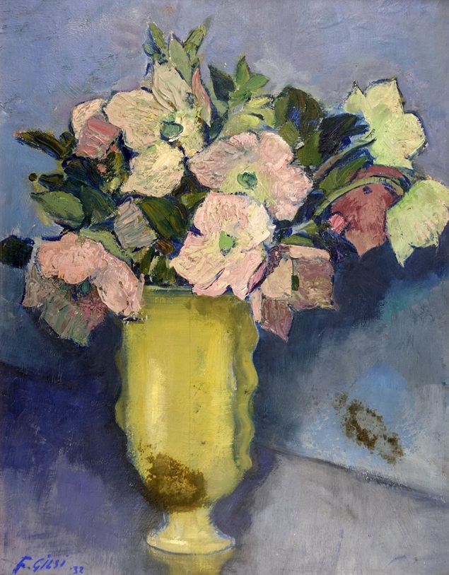 Fritz Gilsi stilleben mit einem blumenstrauss in einer gelben vase vor blauem hintergrund datiert auf 1932