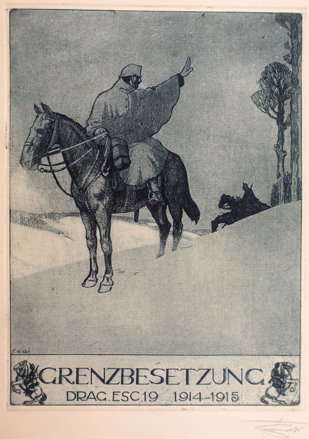Radierung eines Soldaten / Offiziers auf einem Pferd im Schnee, bezeichnet mit dem Titel Grenzbesetzung 1914/1915