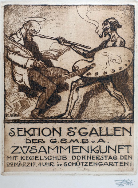 radierung des schweizer künstlers fritz gilsi zeigt zwei männliche Figuren in einem humoristischen zweikampf. links ein schriftsteller mit einer übergrossen vogelfeder in der hand, rechts ein maler mit einem übergrossen pinsel in der hand in einer art fechtduell.