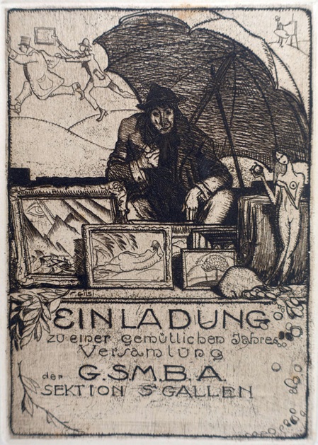 radierung des schweizer künstlers fritz gilsi zeigt eine männliche Figur, sitzend unter einem grossen schirm vor einer serie von zum verkauf ausgestellten bilder 