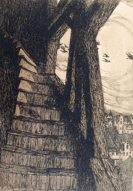 radierung von fritz gilsi, zeigt eine steile holztreppe durch holzbalken im Hintergrund eine stadt