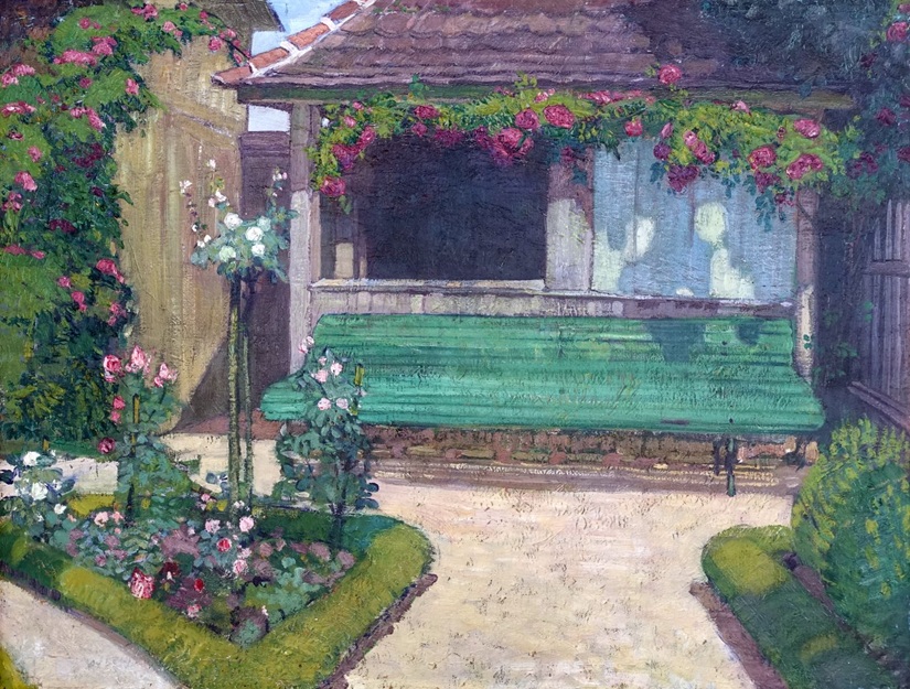 ölgemälde mit einem gepflegten garten mit geometrischen beeten, einer grünen Bank vor einem Gartenhaus