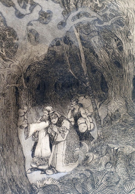 radierung von fritz gilsi zeigt drei figuren (könige) in einem dichten dunklen Wald auf der Suche nach etwas