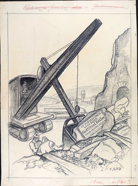 Karikatur mit einem Bagger, welcher ein haus zuerstört hat, übrig bleibt eine Inschrift, dass in diesem haus gottfried keller seine jugend verbracht hat