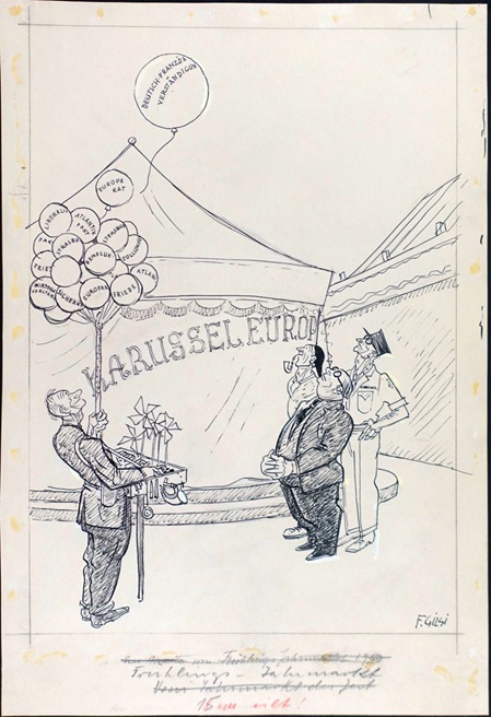 karikatur einer jahrmarkszene zur politischen situation im nachkriegseurop
