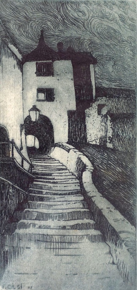 radierung von fritz gilsi zeigt einen steile steintreppe in einer alten stadt (fribourg)bei nacht