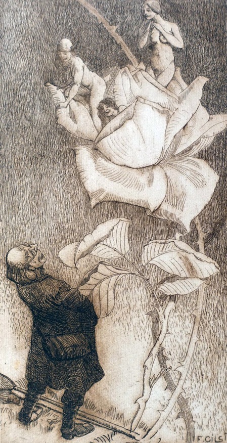 radierung von fritz gilsi feenartige gestalten in einer Blüte, davor ein älterer mann in einem mantel, zu ihnen hochschauend