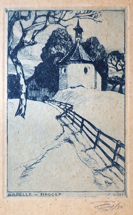 verschneite wiese mit einem holzzaun am hügel dahinter die Kapelle Haggen. Radierung von 1906