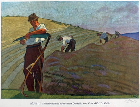 man auf einem feld schleift das blatt seiner sense, im Hintergrund weitere männer bei hand-mäh-arbeiten