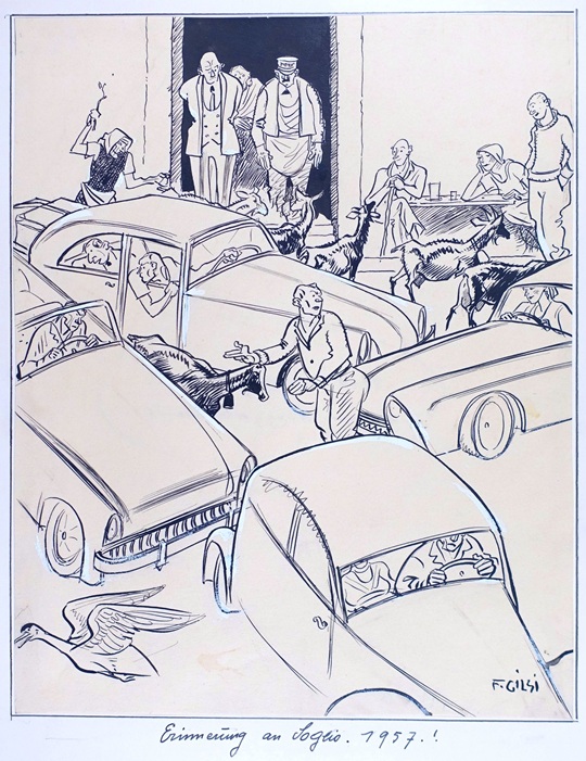 Tuschezeichnung einer chaotischen szene mit vielen Autos und ziegen und menschen
