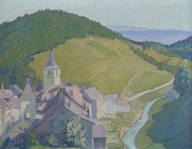 ölgemälde von Fritz gilsi, kleines dorf valaugin mit kirche in hügellandschaft