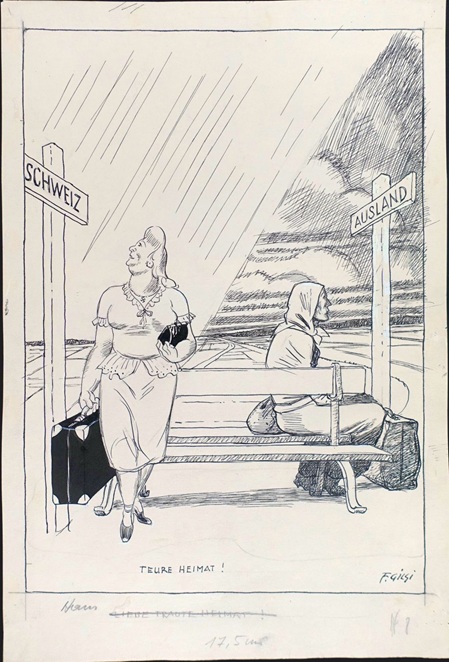 kariaktur einer wohlabenden (Schweizer) Frau mit einem Reisekoffer und einer ärmeren Frau vermutlich 1950er
