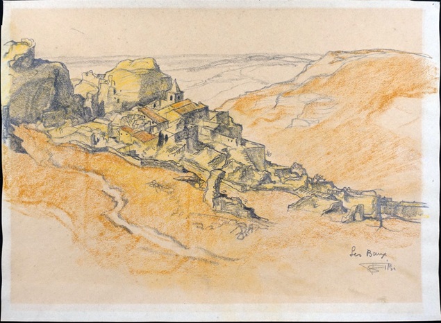 pastellzeichnung von Fritz Gilsio zeitg das südfranzösische Dorf Les Baux-de-Provence enge an den hügel geschmiegte bauten auf trockenem felisigem untergrund mit grosser Fernsicht