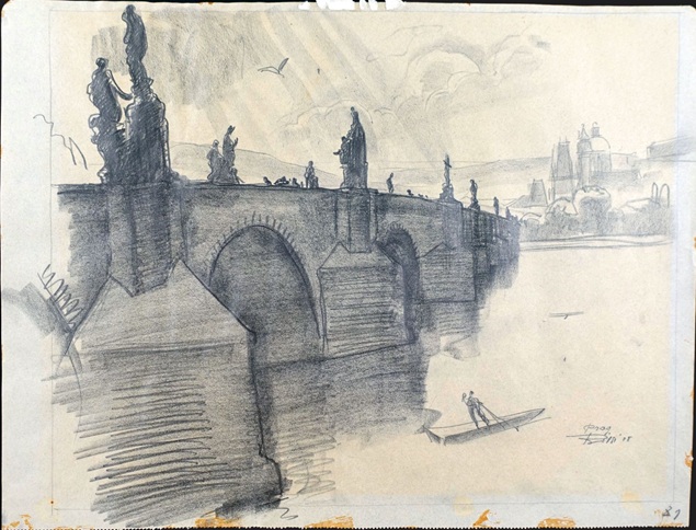 bleistifzeichnung von prag mit der donau und einer grossen steinbrücke