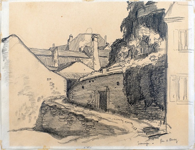 Kohlezeichnung einer älteren dorflandschaft mit einer ansteigenden strasse und hauswänden, kaminen und gebüsch vom schweizer zeichner und maler fritz gilsi, um 1935