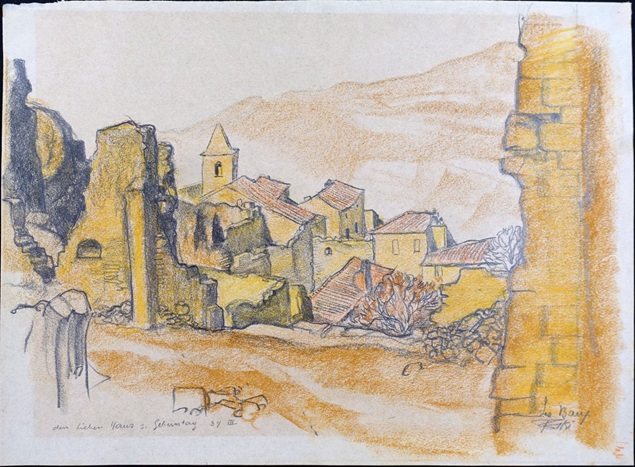 Pastell-Zeichnung des südfranzösischen Dorfes les Baux en Provence mit hellen Steinbauten am Hang mit felsen und ruinen