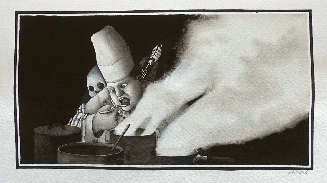 Aquarell (schwarz-weiss) des Malers Nikolaus Heidelbach mit dem Titel Abschmecken und einem Koch vor dampfenden Töpfen, welcher hinterrücks vom Tod erstochen wird.