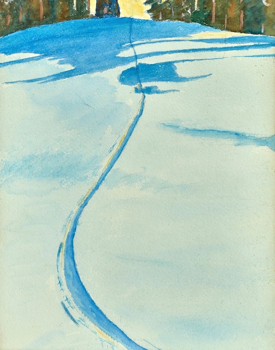 aquarell gemälde eines schneebedeckten hügels mit Schattenwurf eines angedeuteten wäldchens am oberen bildrand und einer stilisierten spur eines skifahrers oder eines bachs