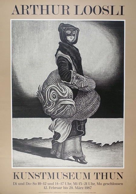 Arthur LoosliAusstellungsplakat zur Ausstellung des Malers und Zeichners Arthur Loosli im Kunstmuseum Thun vom 12. Februar bis 29. März 1987. Zeit eine grosses schwarz-weiss-zeichnung einer weiblich gelesenen figur mit augenmaske und einem um sie geschlungenen rock mit fischform