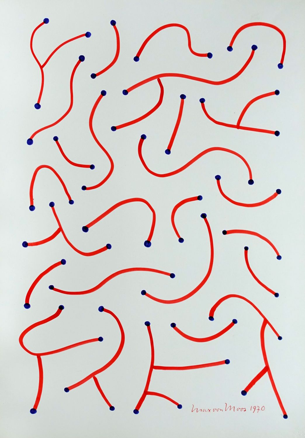 absrakte komposition mit roten filzstiftstrichen und blauen punkten von max von moos aus 1970