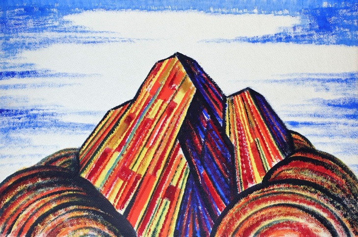 frühe bunte temperazeichung eines stilisierten berges von max von moos