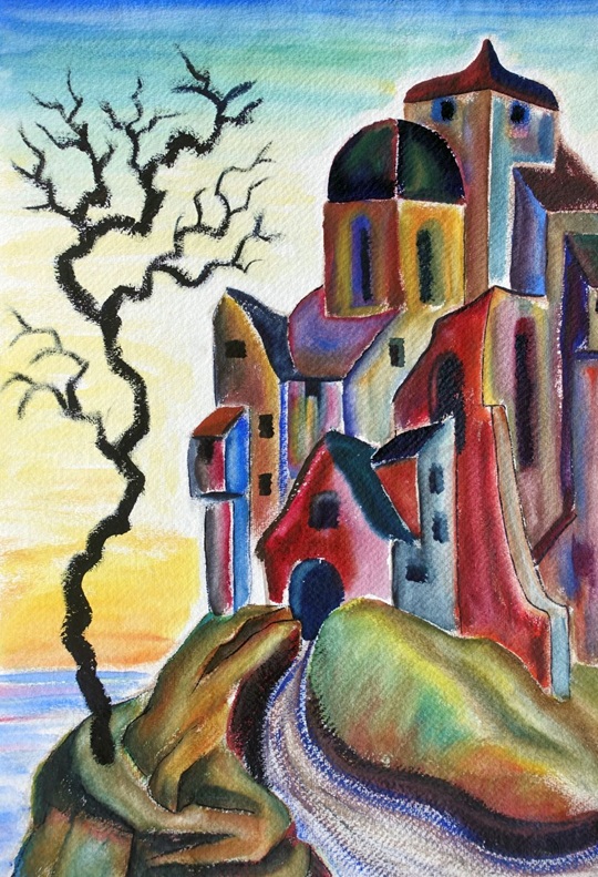 bunte und sehr frühe Fettkreisezeichnung von max von moos mit einer häusergruppe auf einem hügel und einem knorrigen baum ohne blätter