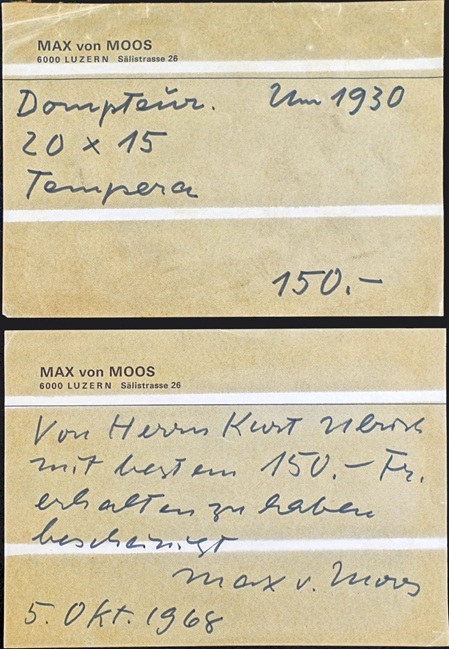 handschriftliche notizen und zueignungen des schweizer malers max von moos auf der rückseite seines bildes "dompteur"