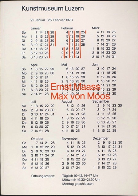 titelseite eines ausstellungskatalogs mit einem kalender in dem die ausstellungsdaten rot markiert sind