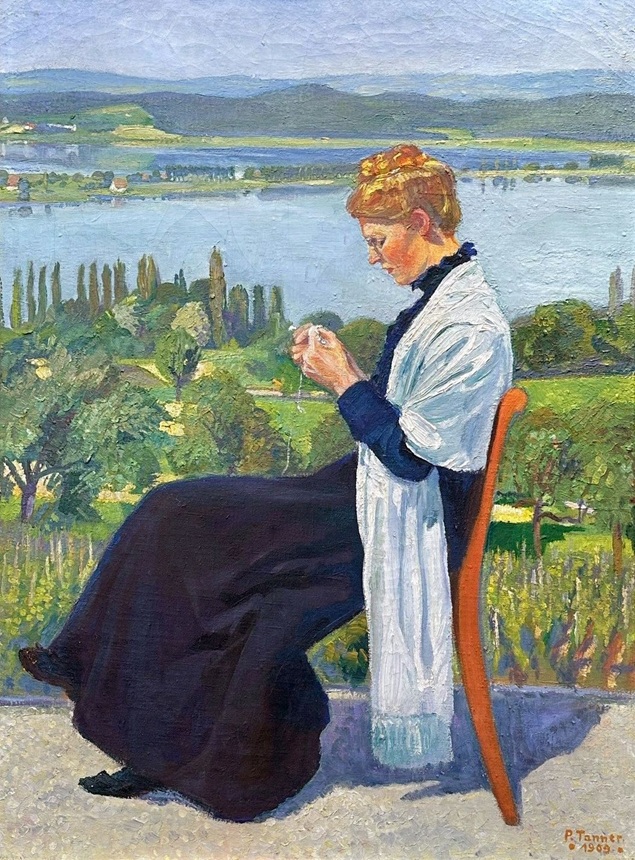 ölbild aus 1909 von Paul Tanner, stellt dar ein edel gekleidete frau sitzt auf einem holzstuhl und erledigt eine feine Handarbeit. Im Hintergrund der Untersee (Bodenss)