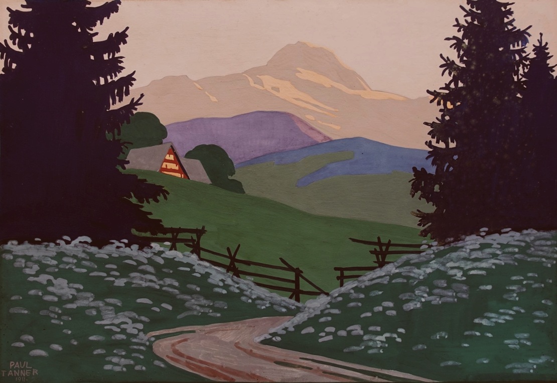 Oouace-Gemälde von Paul Tanner, im Vordergrund ein strässchen welches sich durch eine hügelige Lanschaft schlängelt, auf einem Hügel ein Bauernhaus in der Abend oder Morgensonne, am Horizon der Säntis