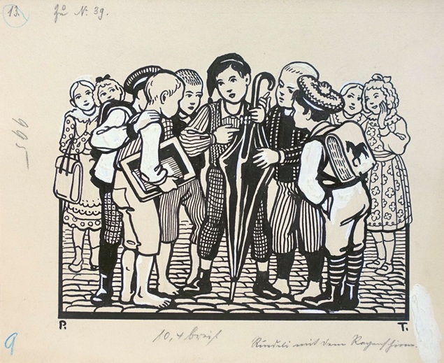Tuschezeichnung von Paul Tanner mit einer gruppe von schulkindern um 1930 mit schulranzen und einem grossen regenschirm