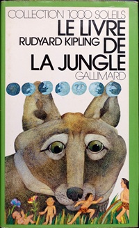 Schutzumschlag von Etienne Delessert für das buch "Le livre de la jungle" von Rudyard Kipling im Verlag Gallimard, 1976. Das bild zeigt die zeichnung eines Wolfs oder Koyoten, welche direkt auf den betrachter blickt, darunter und viel kleiner eine gruppe von halbnackten spielenden kindern
