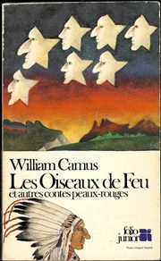 buchumschlag mit zeichnungen von etiennen delessert (sterne mit gesicherten und ein indianer /native american mit einem federschmuck für ein buch von william camus.