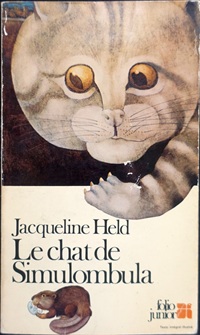buchumschlag mit zeichnungen von etiennen delessert (eine grosses Katzengesicht und unten ein kleiner biber) für ein buch von jacqueline Held