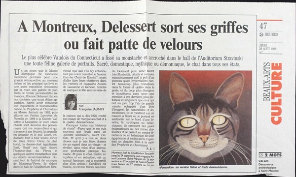 Zeitungsartikel zu Etienne Delessert vom August 1996, 24 heures mit einem Bild eines Katzengemäldes von Delessert.