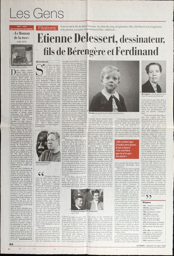 Zeitungsartikel zur Herkunft von Etienne Delessert mit schwarz- weiss-Fotografien seiner Eltern in Lausanne (13. März 1999, le temps)
