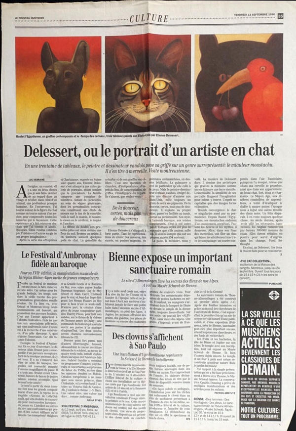 Zeitungsartikel zur Ausstellung von Katzenportraits von Etienne Delessert in Montreux (13. September 1996, Le Quotidien) mit drei farbigen Abbildungen von solchen Katzenportraits.