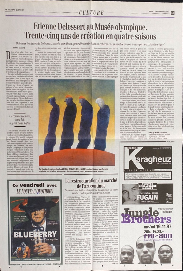 Zeitungsartikel zur Ausstellung im olympischen Museum in Lausanne von Etienne Delessert (13. November 1997, Le Quotidien) mit einer abbildung eines gemäldes mit vier schematischen figuren nach links gehend.